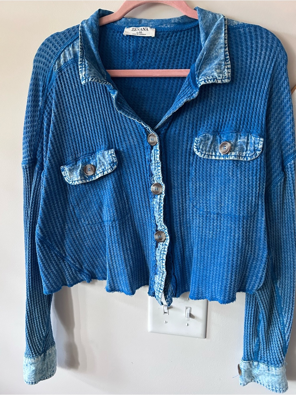ZENANA Blue Crop Button-Up Thermal Shirt